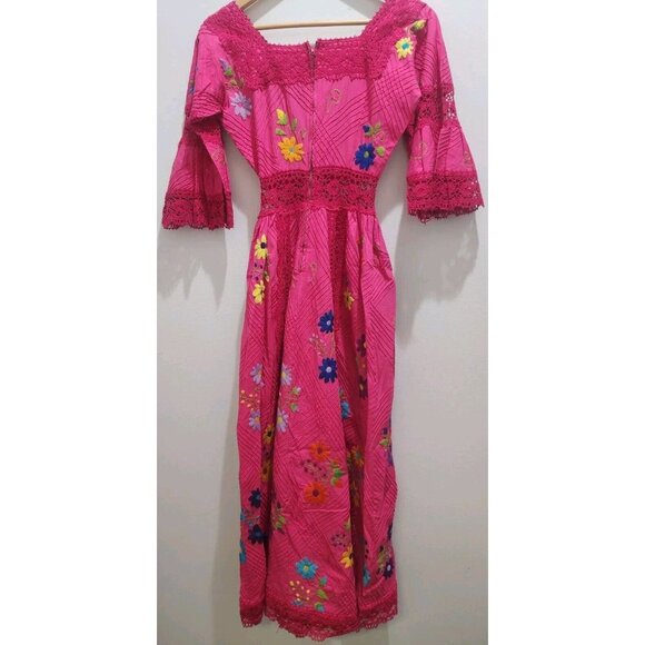 Stunning VTG MEXICAN OAXACA WEDDING PENTUCK Pink Lace FLORAL EMBROIDERY Dress XS - Picture 8 of 8